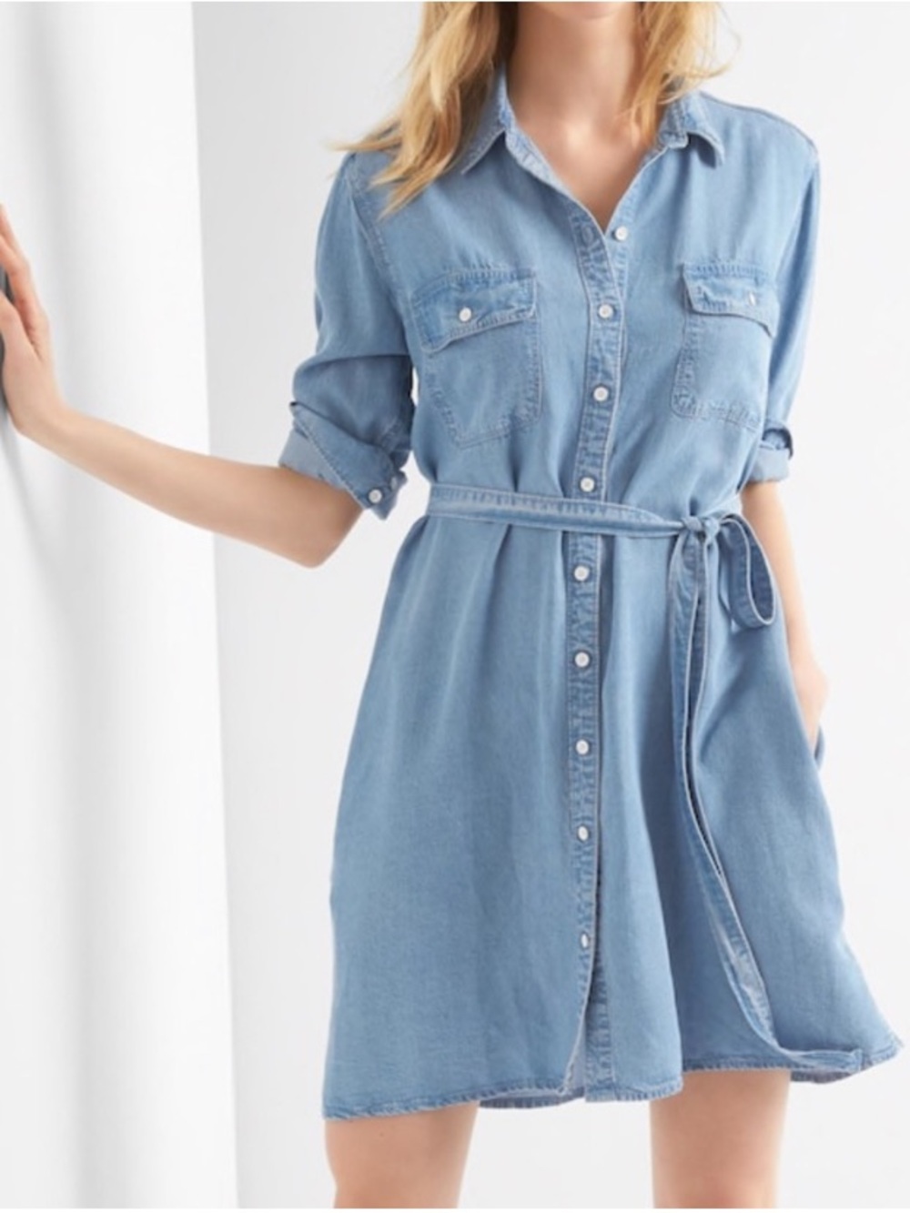 Gap 1969 Blue Lyocell Denim Shirt Dress with Tie Waist